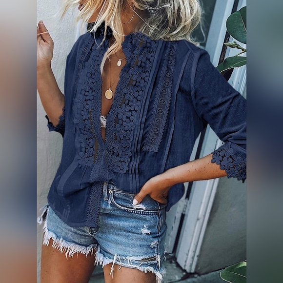 Tops - NWOT Elegant Navy Blue Lace Trim Blouse Medium
